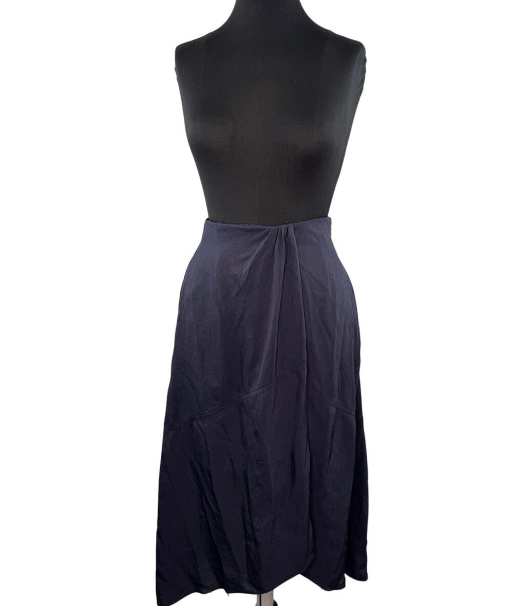 VINCE Navy Blue Midi Draped Slip Skirt Satin Side Pocket Zip Cocktail Size 0 XS